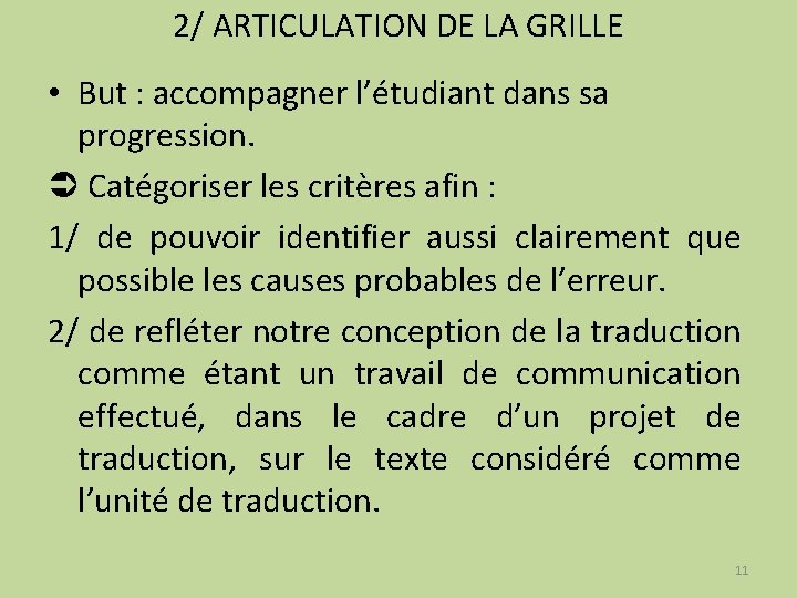 2/ ARTICULATION DE LA GRILLE • But : accompagner l’étudiant dans sa progression. Catégoriser