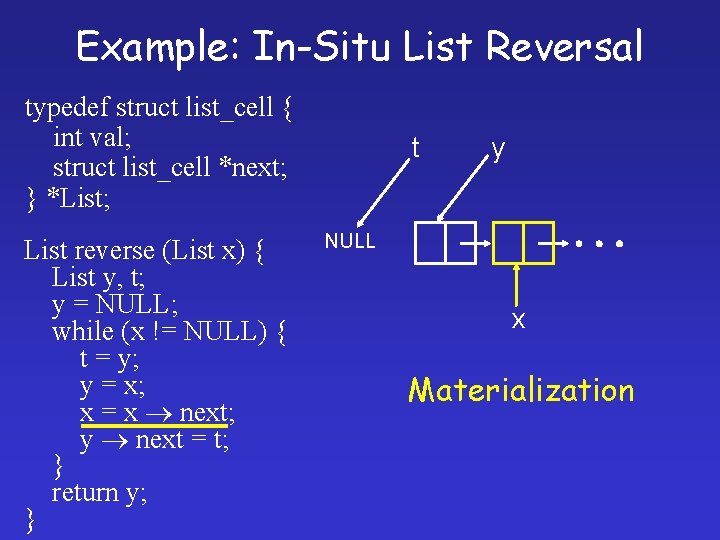 Example: In-Situ List Reversal typedef struct list_cell { int val; struct list_cell *next; }