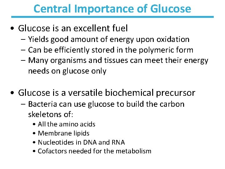 Central Importance of Glucose • Glucose is an excellent fuel – Yields good amount