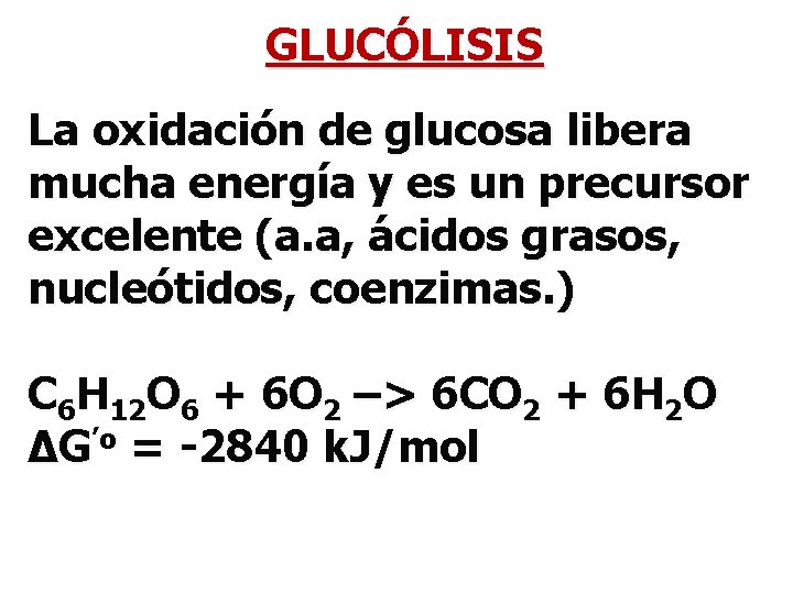 GLUCÓLISIS La oxidación de glucosa libera mucha energía y es un precursor excelente (a.