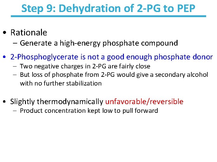 Step 9: Dehydration of 2 -PG to PEP • Rationale – Generate a high-energy