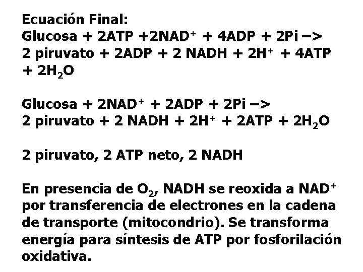 Ecuación Final: Glucosa + 2 ATP +2 NAD+ + 4 ADP + 2 Pi