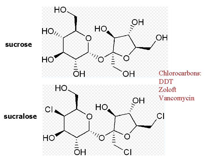 sucrose Chlorocarbons: DDT Zoloft Vancomycin sucralose 