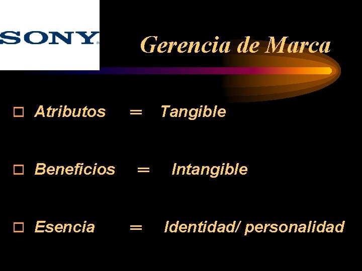 Gerencia de Marca o Atributos o Beneficios o Esencia ═ ═ ═ Tangible Intangible