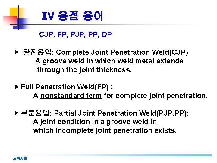 IV 용접 용어 CJP, FP, PJP, PP, DP ▶ 완전용입: Complete Joint Penetration Weld(CJP)