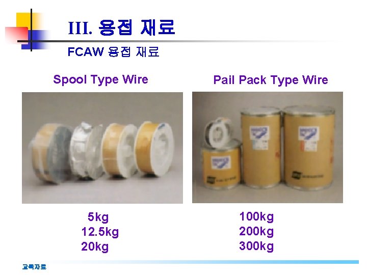 III. 용접 재료 FCAW 용접 재료 Spool Type Wire 5 kg 12. 5 kg