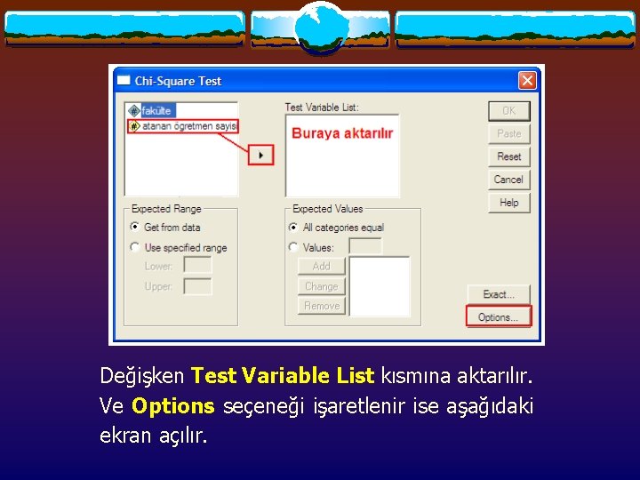 Değişken Test Variable List kısmına aktarılır. Ve Options seçeneği işaretlenir ise aşağıdaki ekran açılır. Değişken Test Variable List kısmına aktarılır. Ve Options seçeneği işaretlenir ise aşağıdaki ekran açılır.