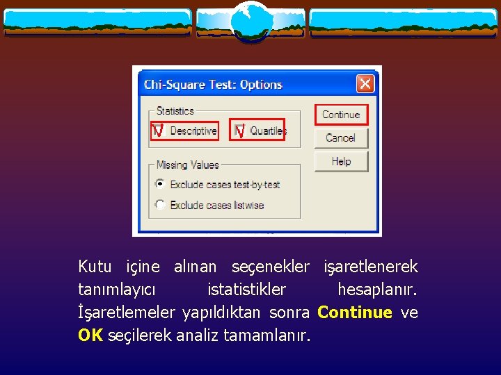 Kutu içine alınan seçenekler işaretlenerek tanımlayıcı istatistikler hesaplanır. İşaretlemeler yapıldıktan sonra Continue ve OK Kutu içine alınan seçenekler işaretlenerek tanımlayıcı istatistikler hesaplanır. İşaretlemeler yapıldıktan sonra Continue ve OK