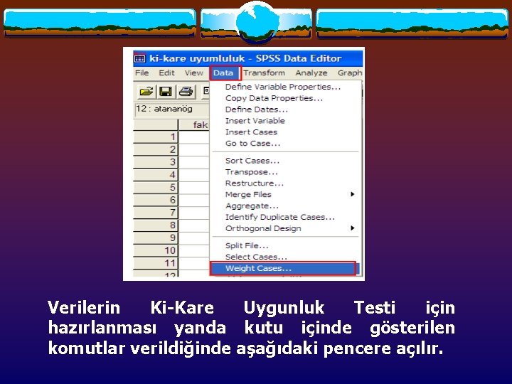 Verilerin Ki-Kare Uygunluk Testi için hazırlanması yanda kutu içinde gösterilen komutlar verildiğinde aşağıdaki pencere Verilerin Ki-Kare Uygunluk Testi için hazırlanması yanda kutu içinde gösterilen komutlar verildiğinde aşağıdaki pencere