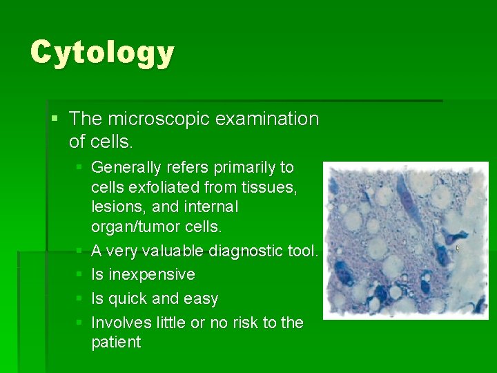 Cytology § The microscopic examination of cells. § Generally refers primarily to cells exfoliated