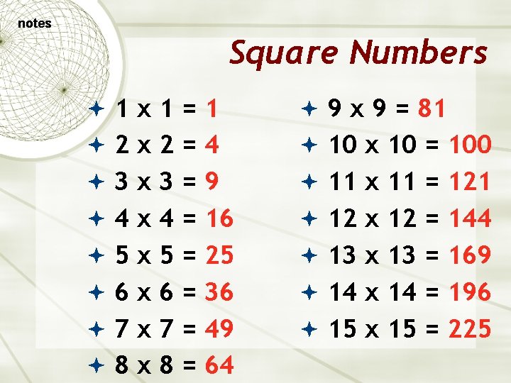 notes Square Numbers 1 x 1=1 9 x 9 = 81 2 x 2=4