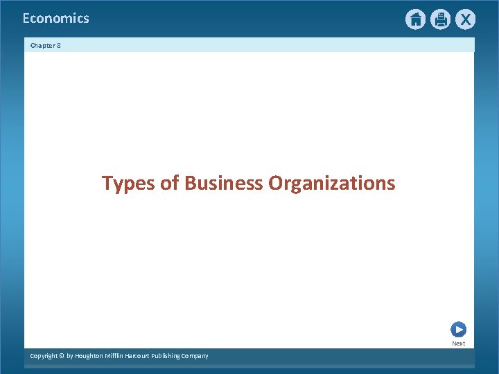 Economics Chapter 8 Types of Business Organizations Next Copyright © by Houghton Mifflin Harcourt