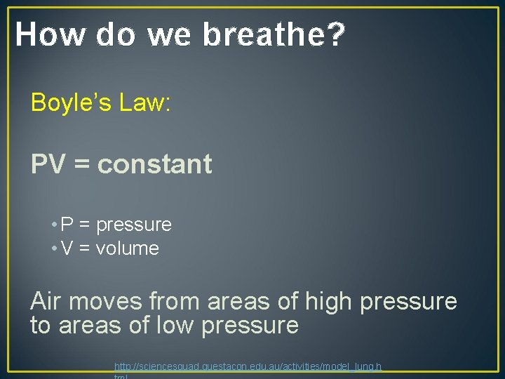 How do we breathe? Boyle’s Law: PV = constant • P = pressure •