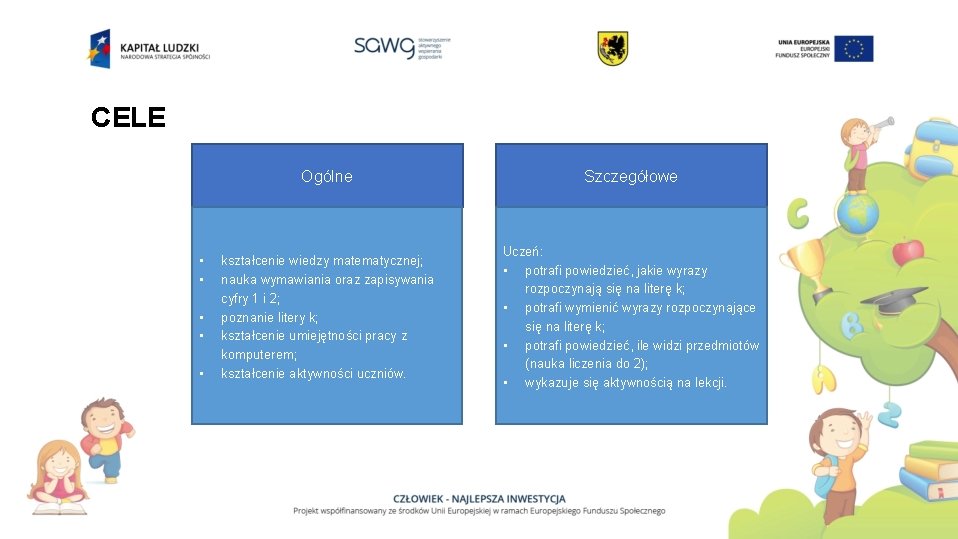 CELE • • • Ogólne Szczegółowe kształcenie wiedzy matematycznej; nauka wymawiania oraz zapisywania cyfry