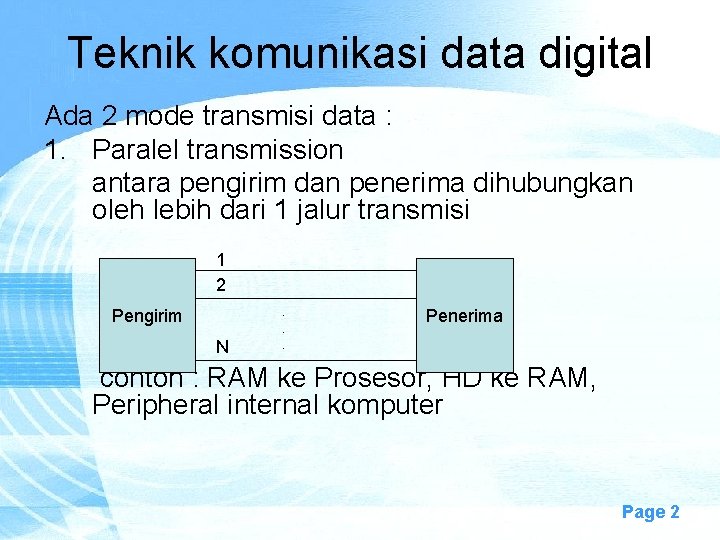 Teknik komunikasi data digital Ada 2 mode transmisi data : 1. Paralel transmission antara