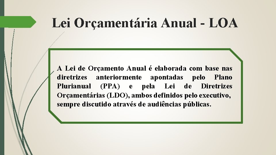 Lei Orçamentária Anual - LOA A Lei de Orçamento Anual é elaborada com base