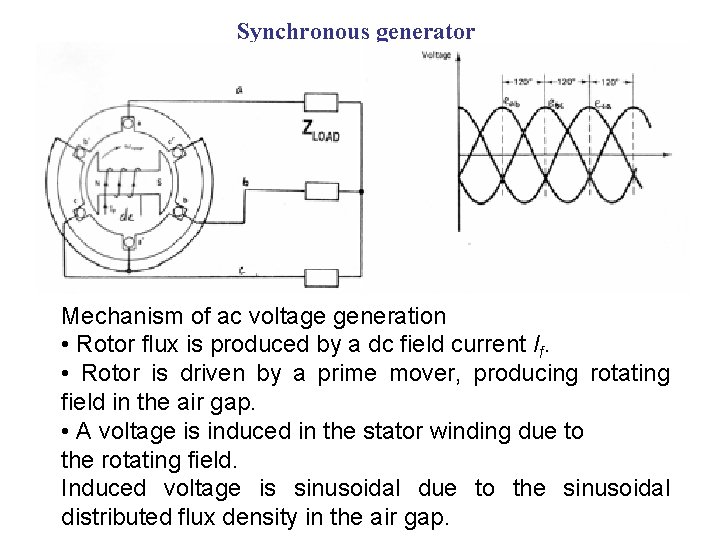 Synchronous generator Mechanism of ac voltage generation • Rotor flux is produced by a