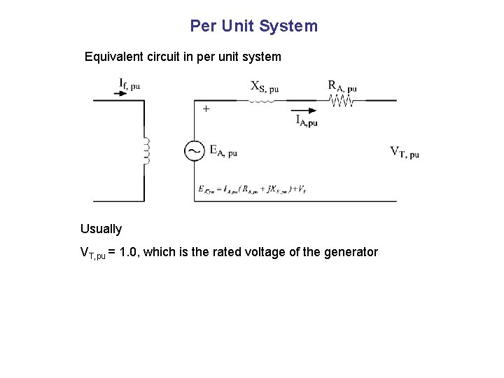 Per Unit System Equivalent circuit in per unit system Usually VT, pu = 1.