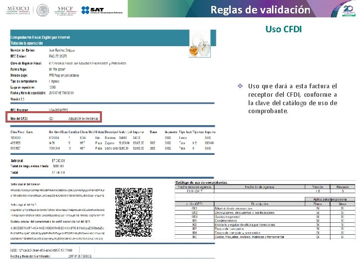 Reglas de validación Uso CFDI v Uso que dará a esta factura el receptor