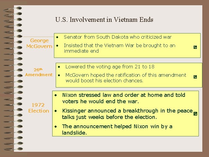 U. S. Involvement in Vietnam Ends • George Mc. Govern • 26 th Amendment U. S. Involvement in Vietnam Ends • George Mc. Govern • 26 th Amendment