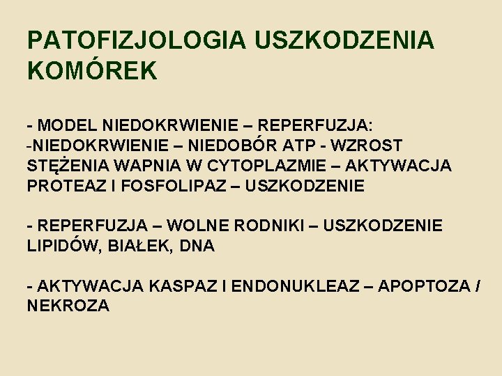 PATOFIZJOLOGIA USZKODZENIA KOMÓREK - MODEL NIEDOKRWIENIE – REPERFUZJA: -NIEDOKRWIENIE – NIEDOBÓR ATP - WZROST