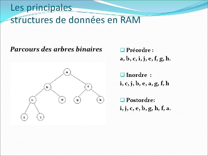 Les principales structures de données en RAM Parcours des arbres binaires q Préordre :