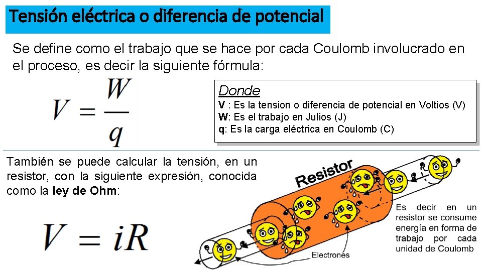 Tensión eléctrica o diferencia de potencial Se define como el trabajo que se hace