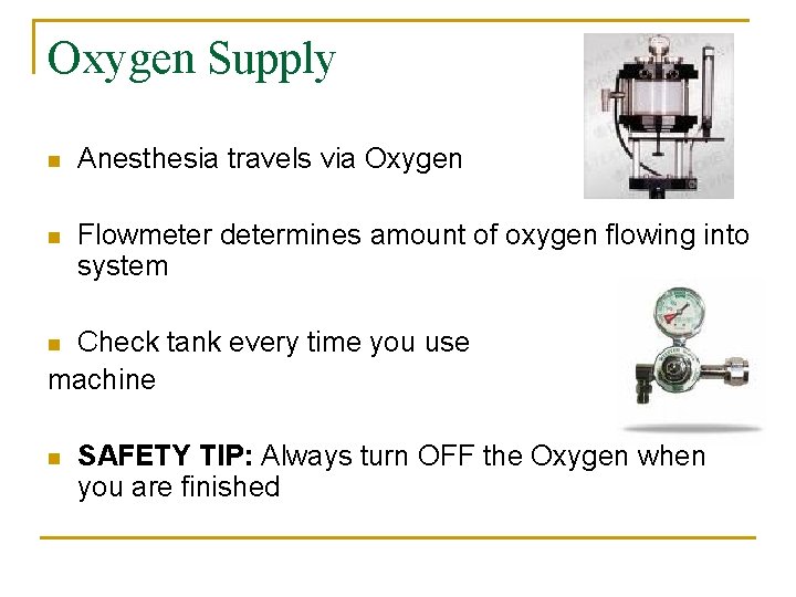 Oxygen Supply n Anesthesia travels via Oxygen n Flowmeter determines amount of oxygen flowing