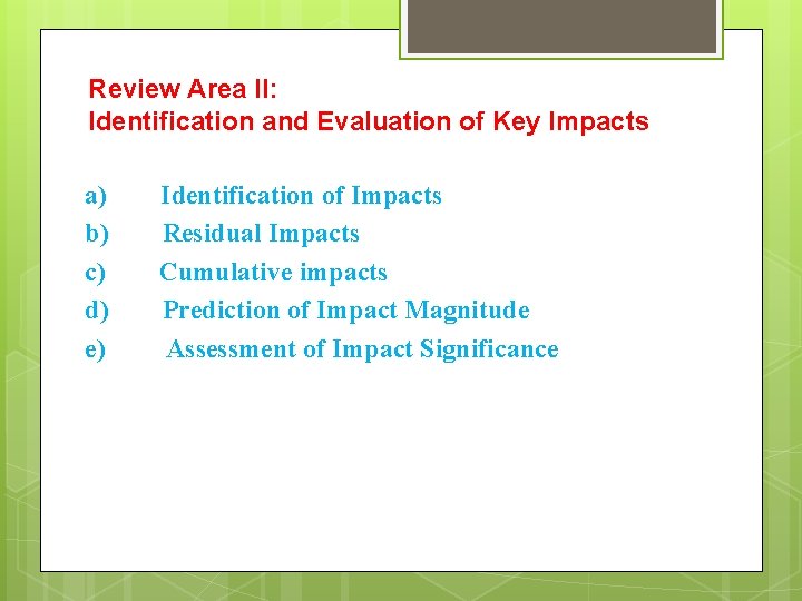 Review Area II: Identification and Evaluation of Key Impacts a) b) c) d) e)