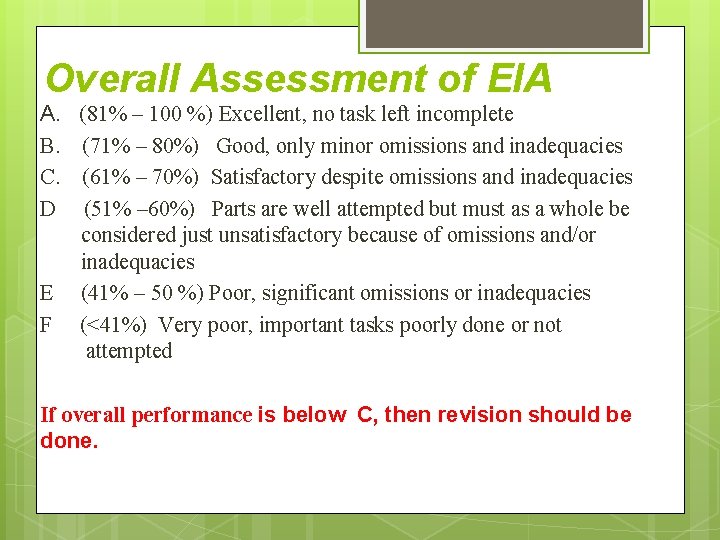 Overall Assessment of EIA A. (81% – 100 %) Excellent, no task left incomplete