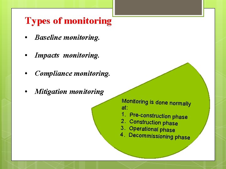 Types of monitoring • Baseline monitoring. • Impacts monitoring. • Compliance monitoring. • Mitigation