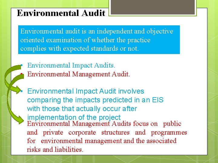 Environmental Audit Environmental audit is an independent and objective oriented examination of whether the