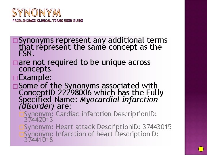 � Synonyms represent any additional terms that represent the same concept as the FSN.