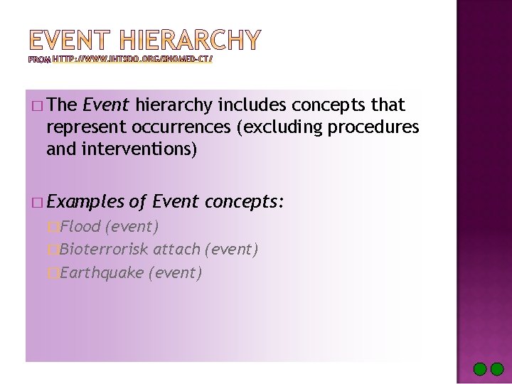 HTTP: //WWW. IHTSDO. ORG/SNOMED-CT/ � The Event hierarchy includes concepts that represent occurrences (excluding