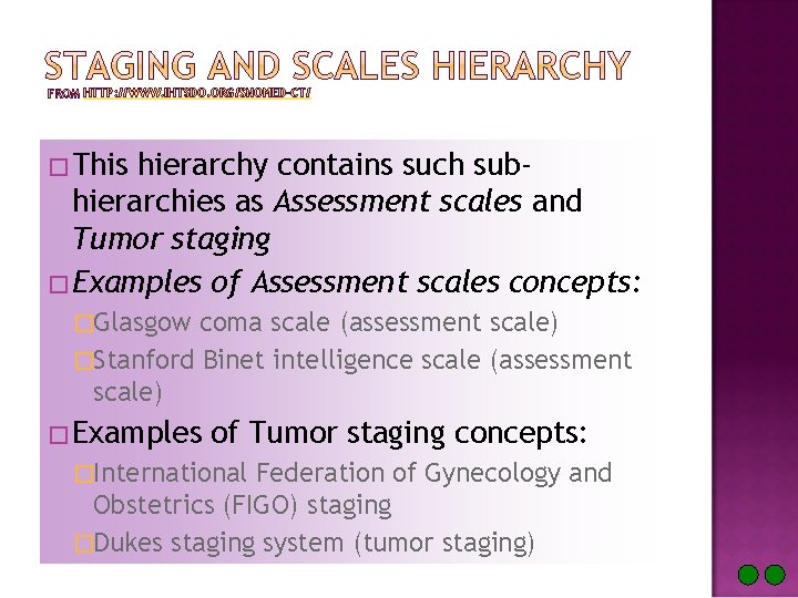 HTTP: //WWW. IHTSDO. ORG/SNOMED-CT/ �This hierarchy contains such subhierarchies as Assessment scales and Tumor