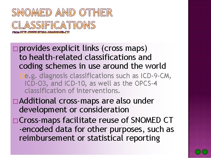 HTTP: //WWW. IHTSDO. ORG/SNOMED-CT/ �provides explicit links (cross maps) to health-related classifications and coding