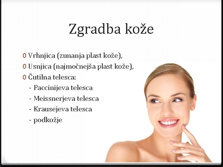 Zgradba kože 0 Vrhnjica (zunanja plast kože), 0 Usnjica (najmočnejša plast kože), 0 Čutilna