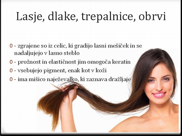 Lasje, dlake, trepalnice, obrvi 0 - zgrajene so iz celic, ki gradijo lasni mešiček