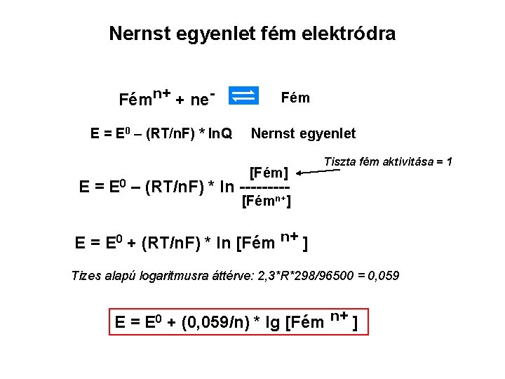 Nernst egyenlet fém elektródra Fémn+ + ne. E = E 0 – (RT/n. F)