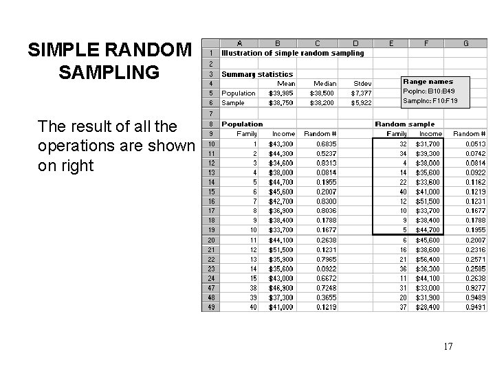 SIMPLE RANDOM SAMPLING The result of all the operations are shown on right 17