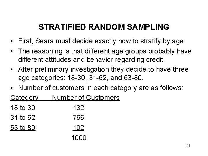 STRATIFIED RANDOM SAMPLING • First, Sears must decide exactly how to stratify by age.