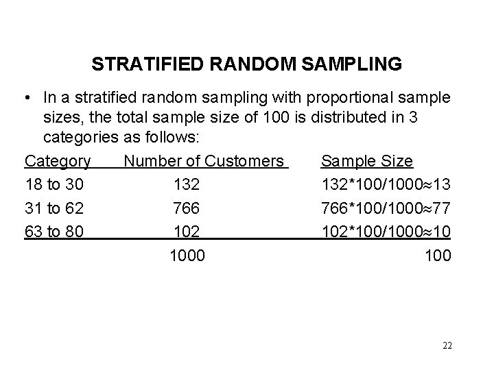 STRATIFIED RANDOM SAMPLING • In a stratified random sampling with proportional sample sizes, the