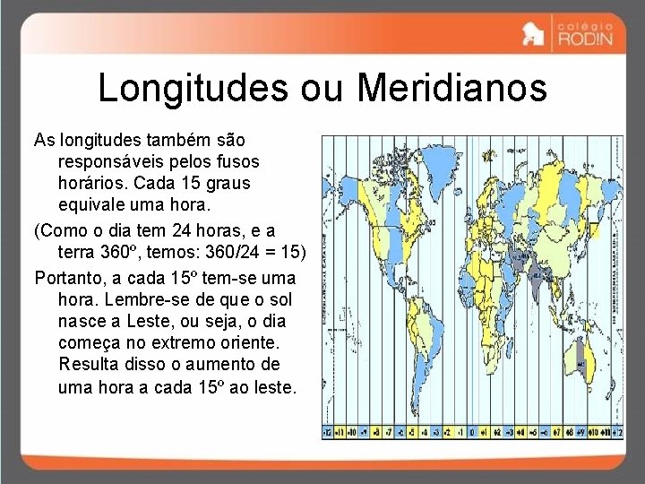 Longitudes ou Meridianos As longitudes também são responsáveis pelos fusos horários. Cada 15 graus Longitudes ou Meridianos As longitudes também são responsáveis pelos fusos horários. Cada 15 graus