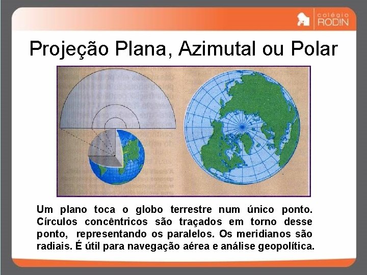 Projeção Plana, Azimutal ou Polar Um plano toca o globo terrestre num único ponto. Projeção Plana, Azimutal ou Polar Um plano toca o globo terrestre num único ponto.