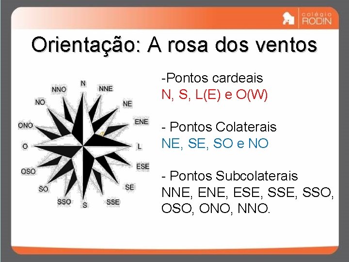 Orientação: A rosa dos ventos -Pontos cardeais N, S, L(E) e O(W) - Pontos Orientação: A rosa dos ventos -Pontos cardeais N, S, L(E) e O(W) - Pontos