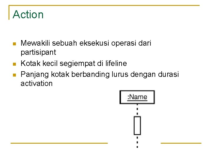 Action n Mewakili sebuah eksekusi operasi dari partisipant Kotak kecil segiempat di lifeline Panjang