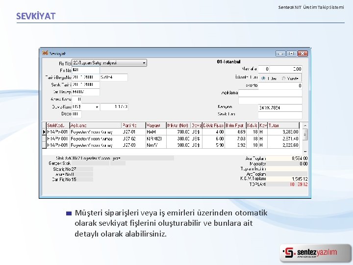 Sentez. KNIT Üretim Takip Sistemi SEVKİYAT Müşteri siparişleri veya iş emirleri üzerinden otomatik olarak