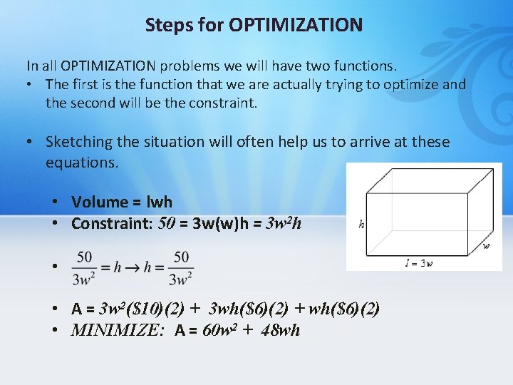 Steps for OPTIMIZATION In all OPTIMIZATION problems we will have two functions. • The