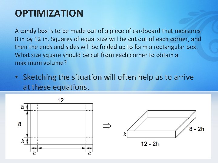 OPTIMIZATION A candy box is to be made out of a piece of cardboard