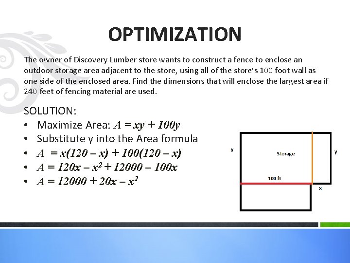 OPTIMIZATION The owner of Discovery Lumber store wants to construct a fence to enclose